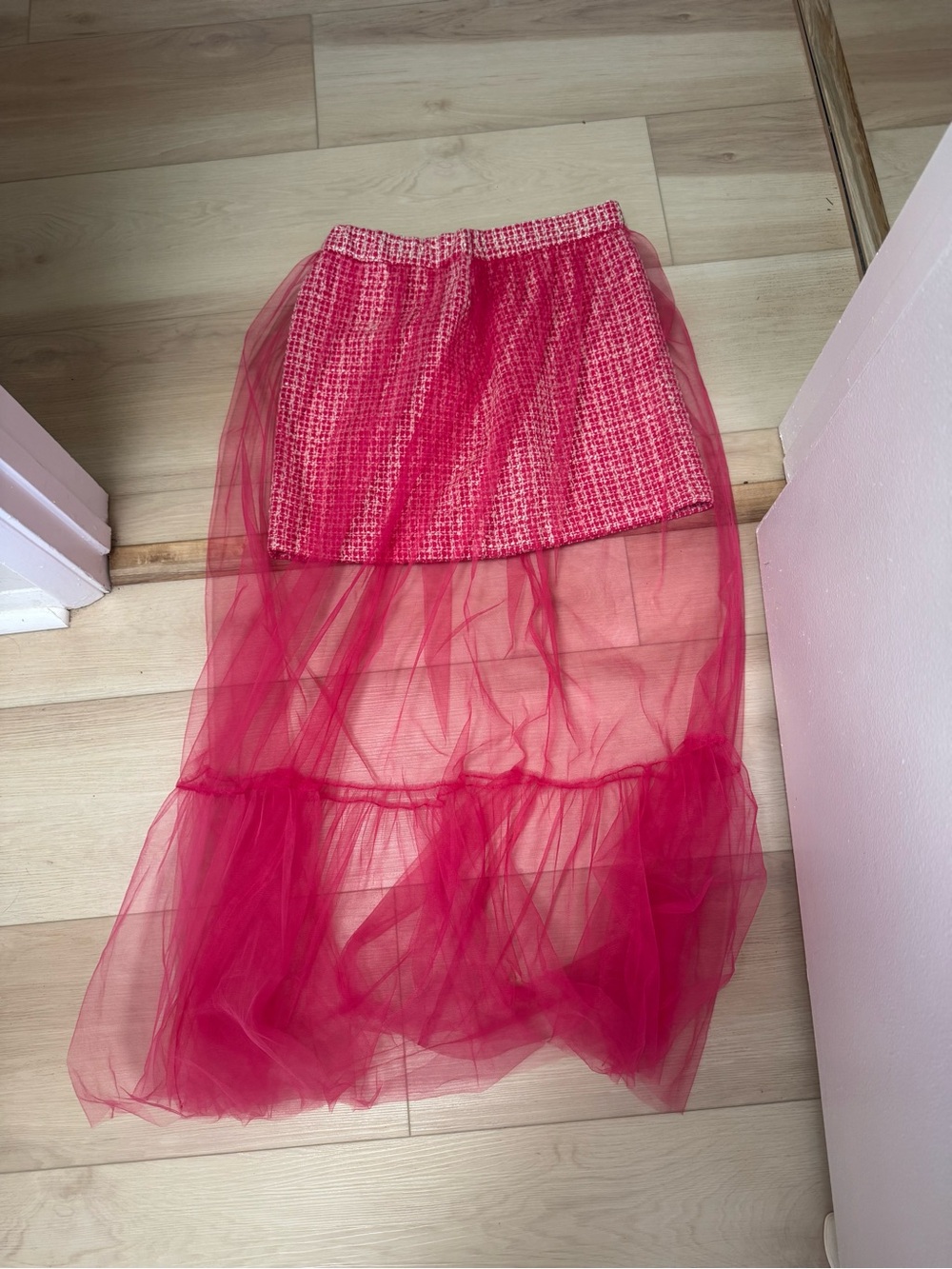 Anthro Maeve Hot Pink Sheer High-Low Tulle Skirt with Textured Mini Overlay